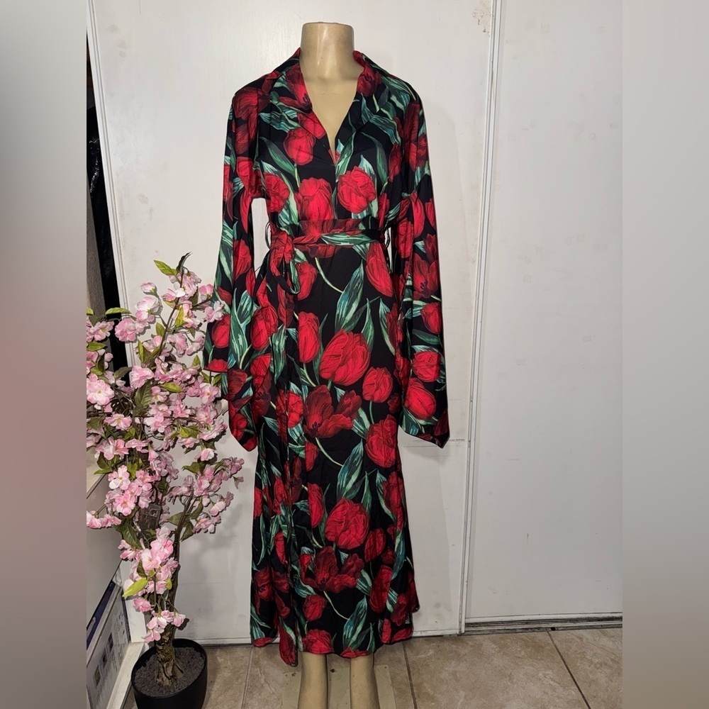 Nasty Gal Black and Red Floral Wrap Dress